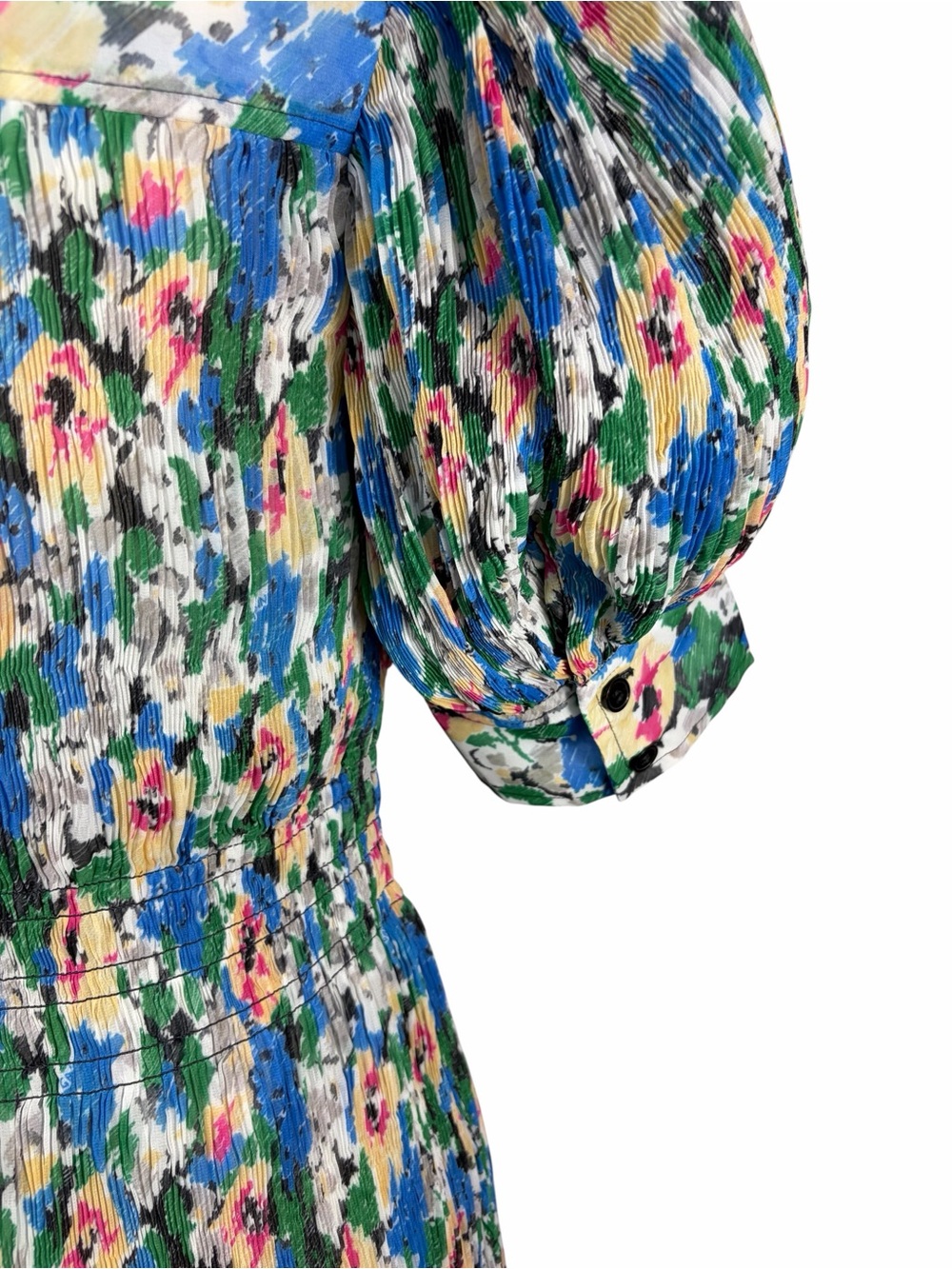 Ganni Blue Floral V-Neck Smocked Maxi Dress, pockets and lined. L-XL - Picture 5 of 6